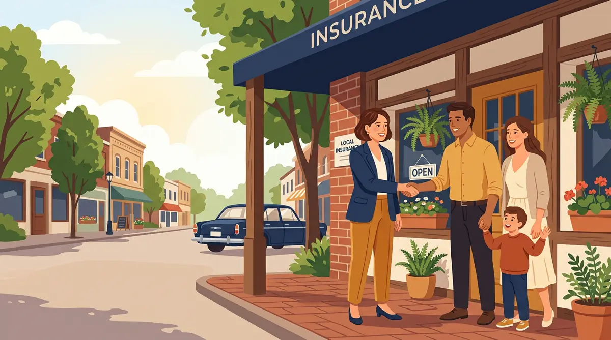 A Pinion Family Insurance agent greeting a happy family outside the Oxford, MS office